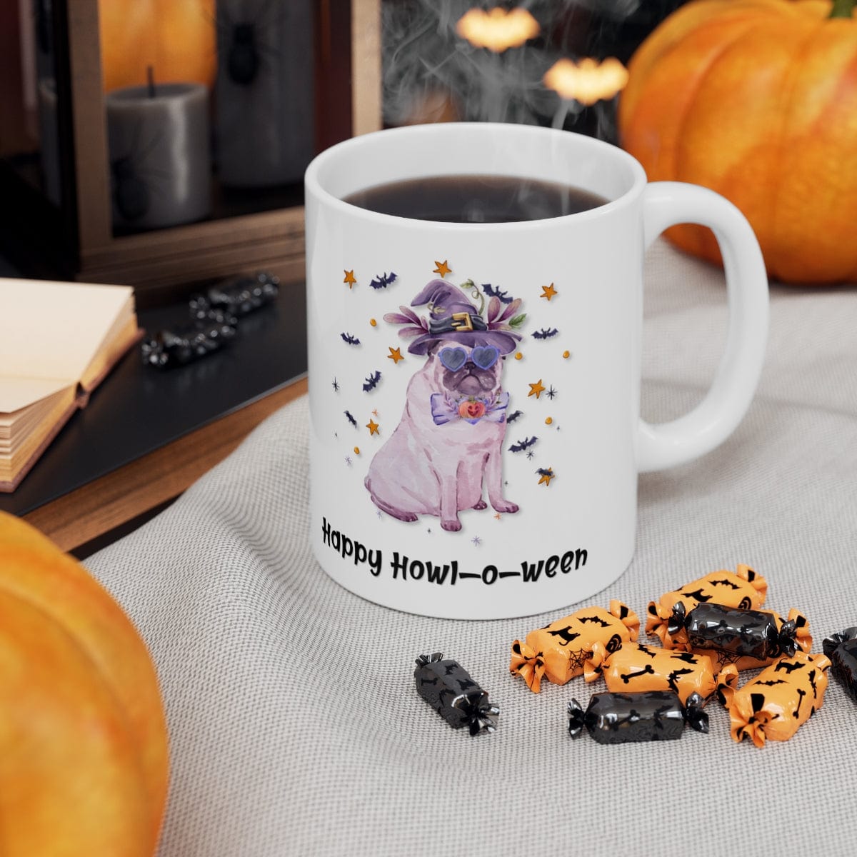Printify Mug 11oz Coffee Mug, Happy Howl-o-ween, White 11oz Ceramic Mug, Pug Mug, Gift for Her, Humorous Mug, Dog Lover Gift, Free Shipping 25378626186534876927